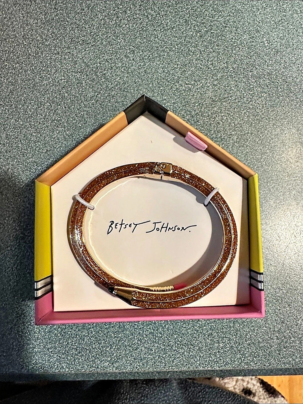 Betsey Johnson Book Smart Gold Glitter Pencil Hinged Bangle Bracelet Brown &